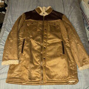 Men’s Brown Sherpa Lined Trucker Jacket Coat Zip Front Faux Leather - Size XL